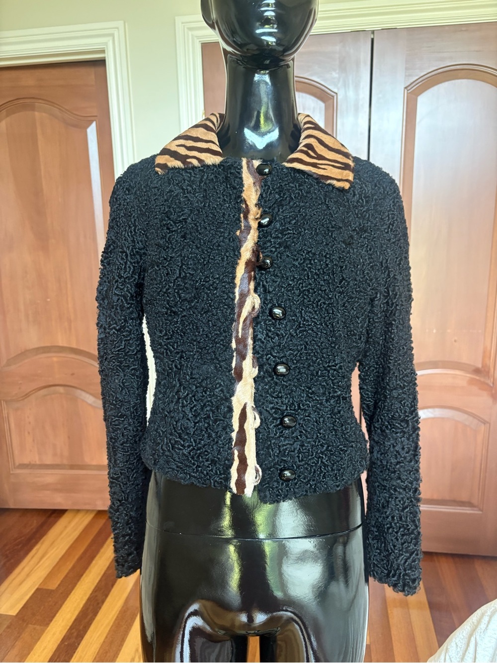 Black Textured Button-Up Jacket with Tiger-Print Collar